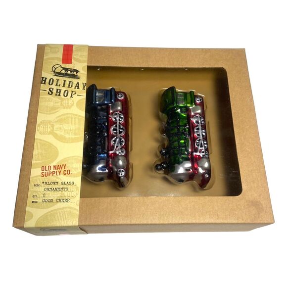 Old Navy Supply Co Hand Blown Glass Christmas Ornament Green Blue Train - Picture 2 of 9